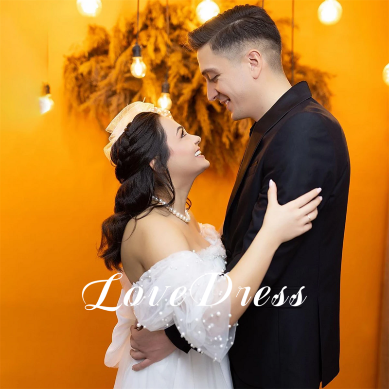 LoveDress eleganti perle Tulle abiti da sposa al largo della spalla abiti da sposa Sweetheart Laceup manica rimovibile lunghezza del tè Vesido