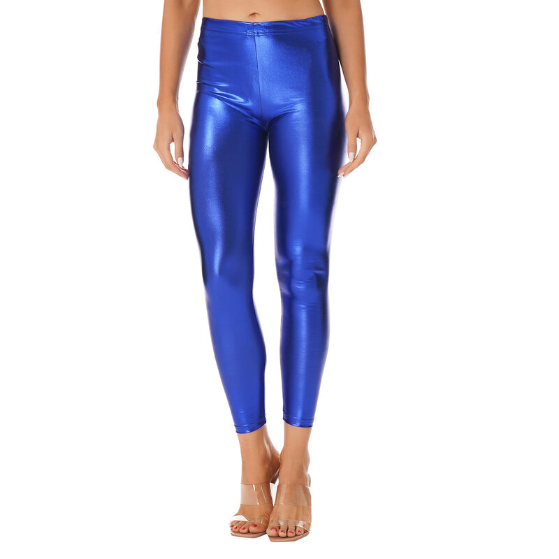 Womens Metallic Faux Leather Leggings Shiny Sexy Slimming Mid Waist Elastic Waistband Skinny Pants for Outdoors Workout Yoga Pub