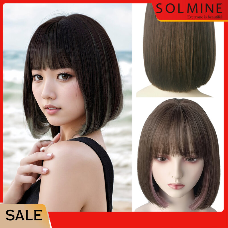 SOLMINE 12 Inch Bob Synthetic Wig with Bangs Natural Silky Straight Heat Resistant Fiber for Party Fashionable Earring Color