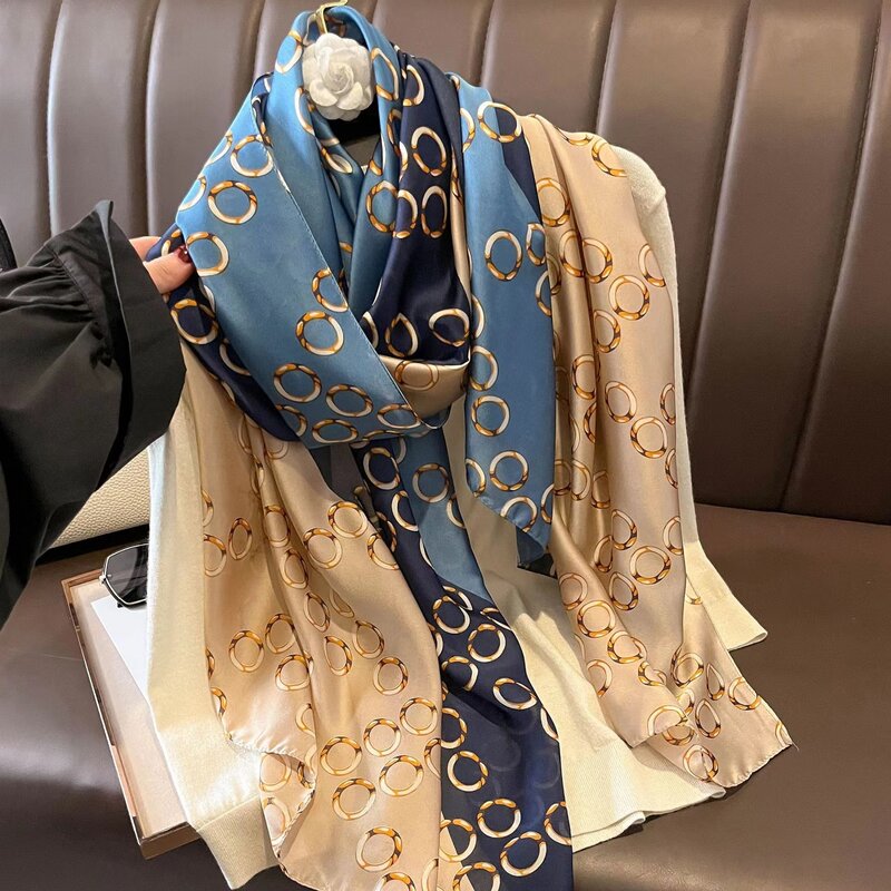 Bufanda de seda con estampado de moda para mujer, chal Popular con acabado satinado, Hijab de diseño de las cuatro estaciones, marca de lujo, 180x90cm