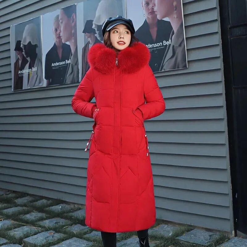 2023 nowa kurtka zimowa długa kurtka damska zagęszczona ciepła puchowa kurtka bawełniana damska moda kurtka z kapturem puchowy wiatroodporny płaszcz śnieżny
