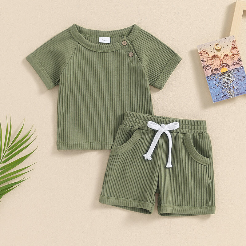 2024-04-03 Lioraitiin 3M-3Y Baby Boys Summer Outfits Solid Color Short Sleeves T-Shirt and Elastic Shorts Vacation Clothes Set