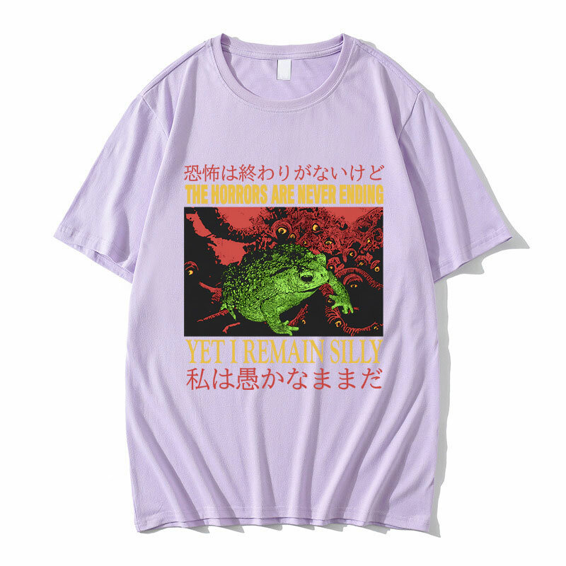 T-shirt imprimé grenouille pour hommes et femmes, les horreurs ne se terminent jamais et pourtant je reste idiot, style japonais drôle, t-shirts respirants décontractés