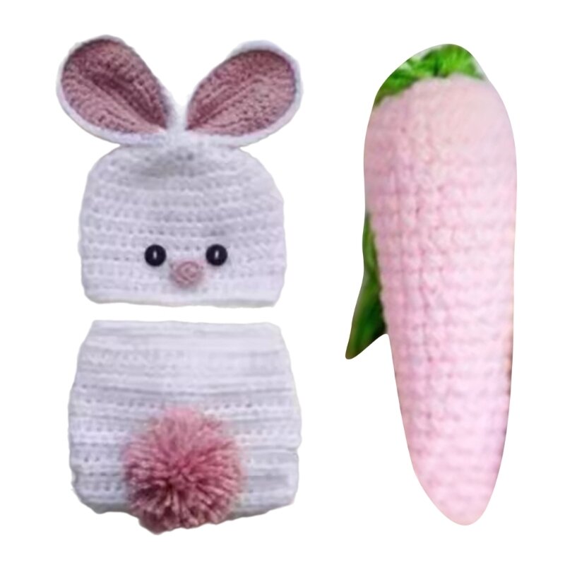 Комплект из шапки и штанов с милыми кроличьими ушками. Вязаный чепчик и штаны в тон для новорожденных, фотосессий и особых QX2D