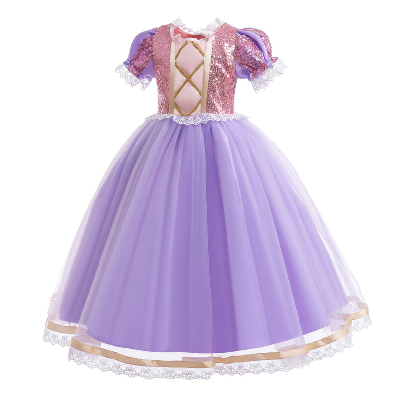 ラプンツェル姫ドレス子供のための、ハロウィンコスプレ衣装、パープルスパンコール、メッシュ服、誕生日パーティーギフト、女の子