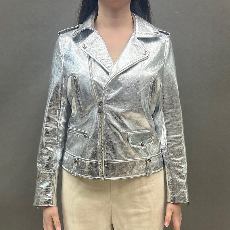2023 Lady giacche in vera pelle autunno inverno colore argento cappotto in vera pelle di pecora giacca moto donna FG5159