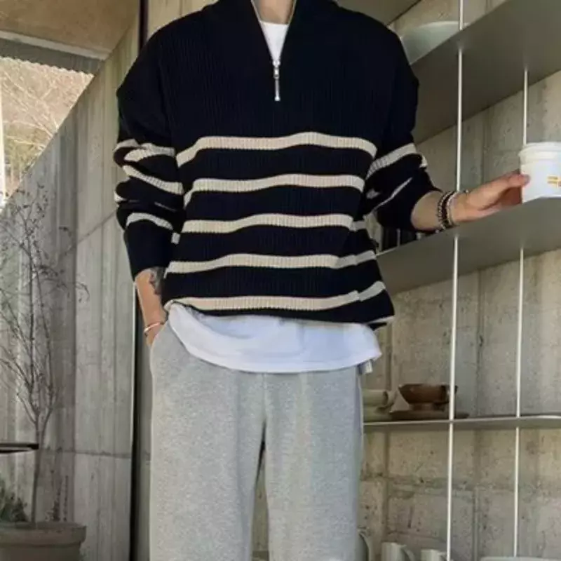 Camisola de retalho de malha masculina, gola alta coreana, manga comprida, camisola solta com zíper, textura elegante luxuosa, M-3XL, 2023, outono