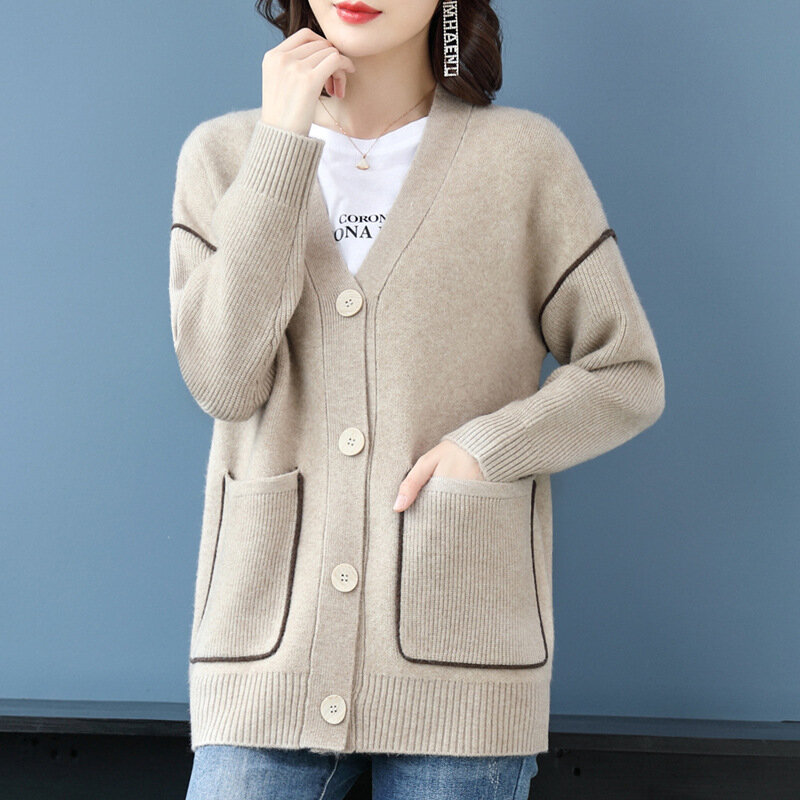 Oversized jesienno-zimowa sweter dziergany damska nowa leniwy, luźny odzież wierzchnia matki w średnim wieku sweter kurtka z dzianiny