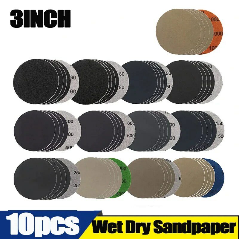 10pcs 75mm 3inch Sanding Discs Wet/Dry Sandpaper 80Grit-3000Grit Silicon Carbide Sanding Paper Abrasive Polishing Tools