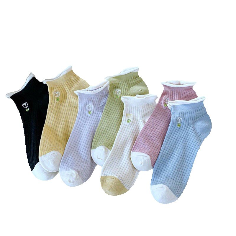 Meias florais bordadas do tornozelo do algodão para mulheres, meias versáteis doces simples, bordadas, Kawaii, I127