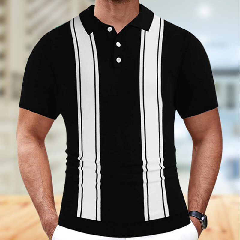 Streetwear Vintage Dzianinowa Koszulka Polo w Paski Moda Męska Slim Koszulki polo z krótkim rękawem Letnia Męska Dzianina Casual Ice Silk Polo Tops
