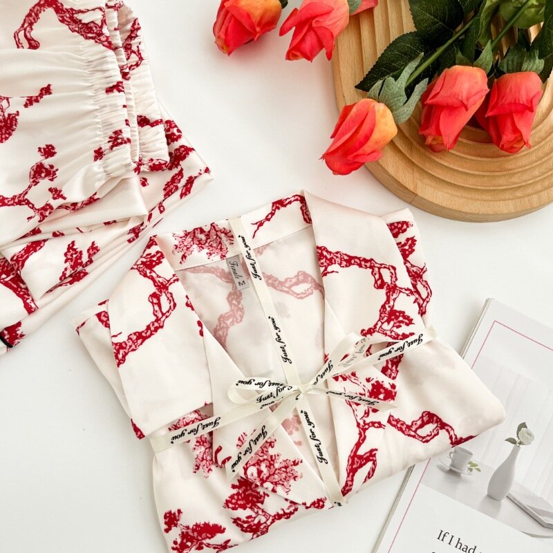 Conjunto de pijama de satén de seda para mujer, ropa de dormir de manga larga, pantalón suelto con estampado rojo, ropa de casa para primavera y otoño