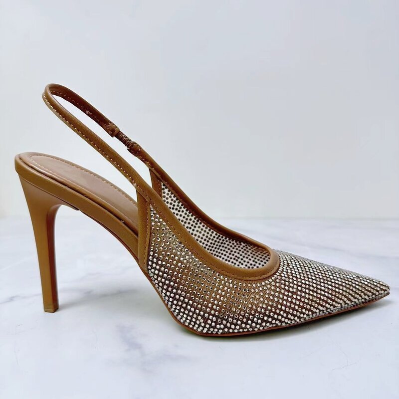 Nowe buty damskie brązowe modne jasny diament siateczkowe otwarta pięta ostro zakończony wysoki obcas sandały dla kobiet