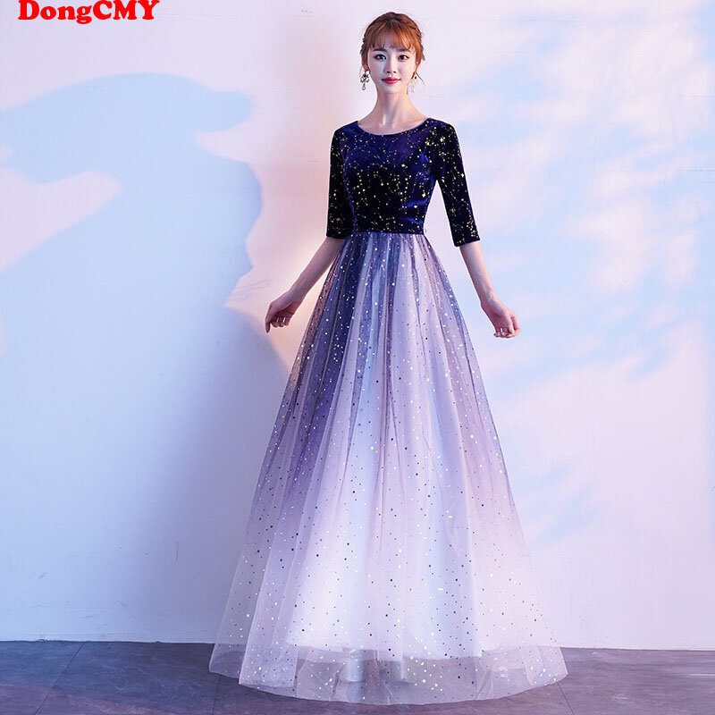 DongCMY New Long Formal Evening Dresses Navy Plus Size Vestidos Robe De Soiree Appliques Elegant Gown