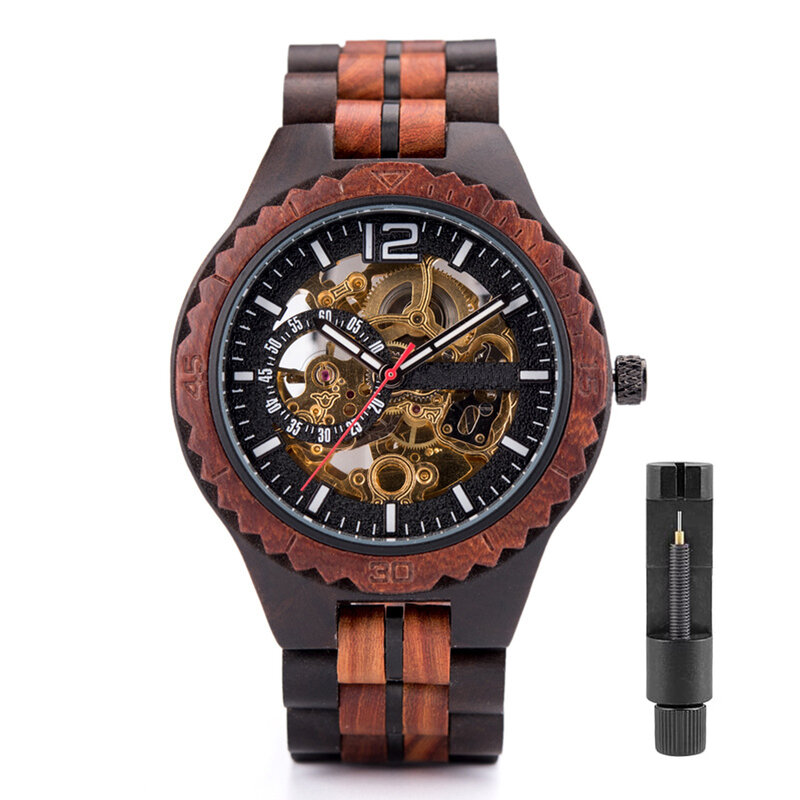 Drewniane zegarki mechaniczna dla mężczyzn, automatyczne samonakręcanie szkieletowe analogowe drewniane zegarki z opaską i ramką przezroczyste etui tyłu