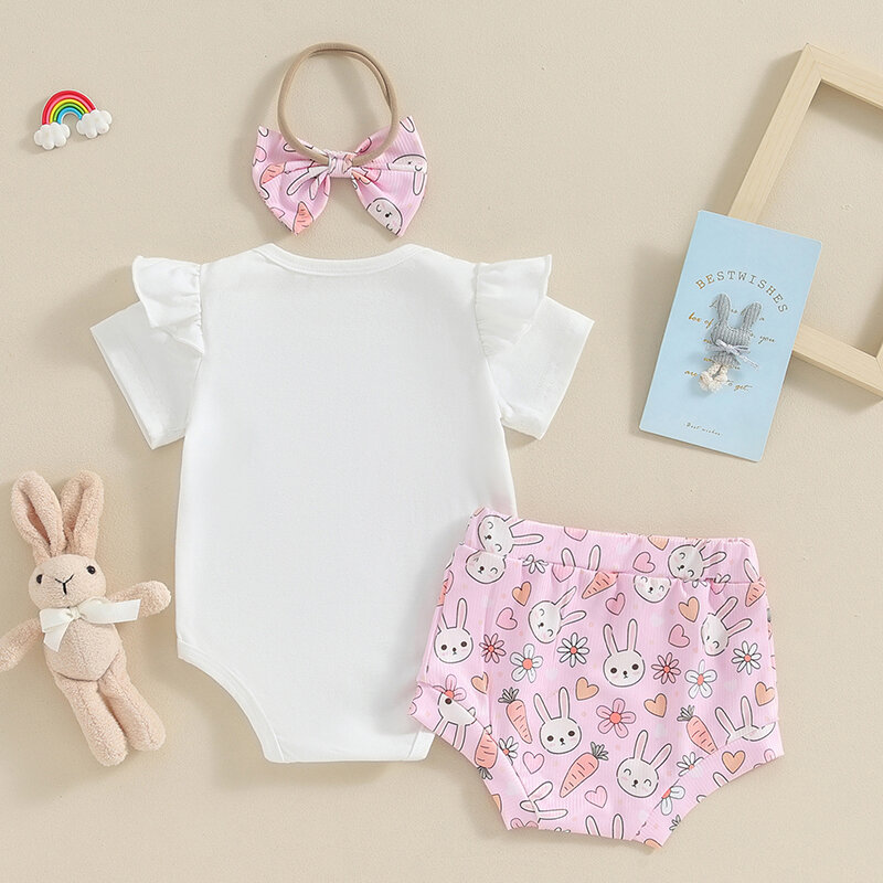 Baby Girls Shorts Set Short Sleeve Letters Print Romper with Rabbit Print Shorts Hairband 3Pcs Outfit