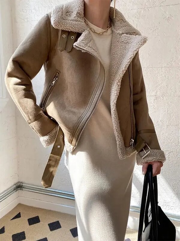 Jaket kulit domba untuk wanita, jaket musim dingin bahan kulit domba, jaket kulit domba bulu domba pendek warna cokelat hangat tebal untuk wanita 2024