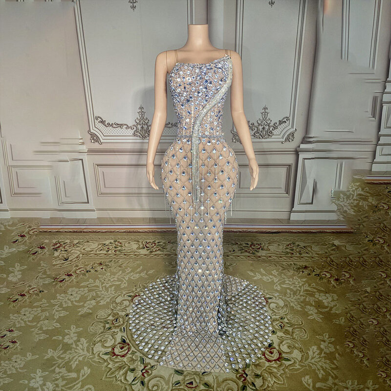 Spersonalizowana sukienka z kryształu górskiego z przezroczystą koronką z wysokimi elastycznymi cekinami seksowny, obcisły sukienka na przyjęcie urodzinowe wydajność