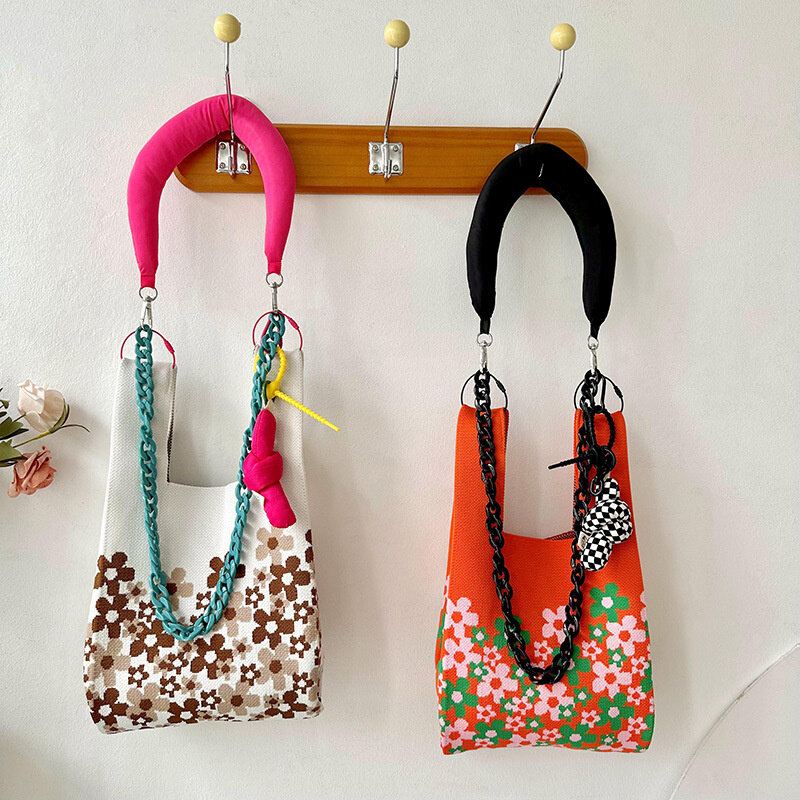 Small Fresh Floral Handmade Knit Handbag Women Mini Mobile Phone Bag Portable Commuter Shoulder Cross-Body Bags Design Fashion