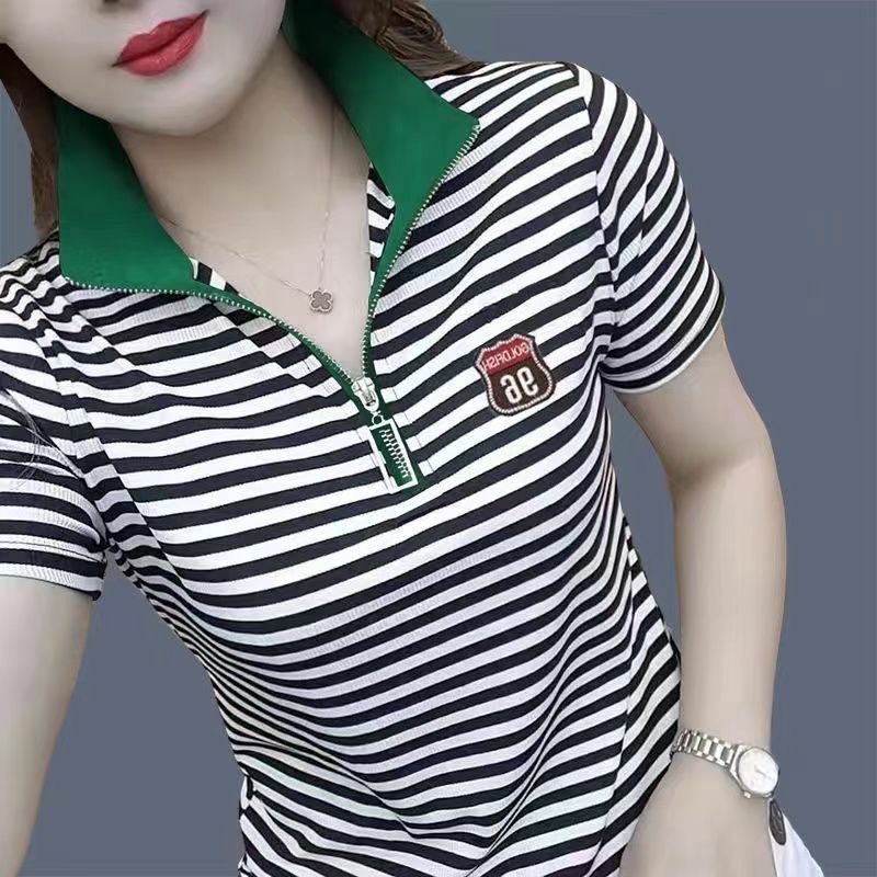 2023 Summer Women's Pullover Striped Short Sleeve T-shirt Stand Up Neck Zip Polo Collar Contrast Casual Fashion Polo Shirt Tops