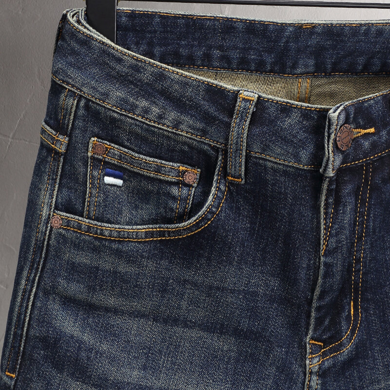 Модные Дизайнерские мужские джинсы высокого качества ретро потертые синие эластичные Стрейчевые облегающие рваные джинсы мужские винтажные повседневные джинсовые брюки
