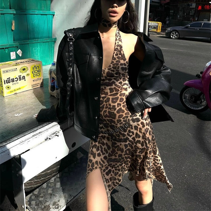 HOUZHOU-Vestido corto con estampado de leopardo para mujer, minivestido Vintage con Espalda descubierta, ropa de calle para fiesta, elegante