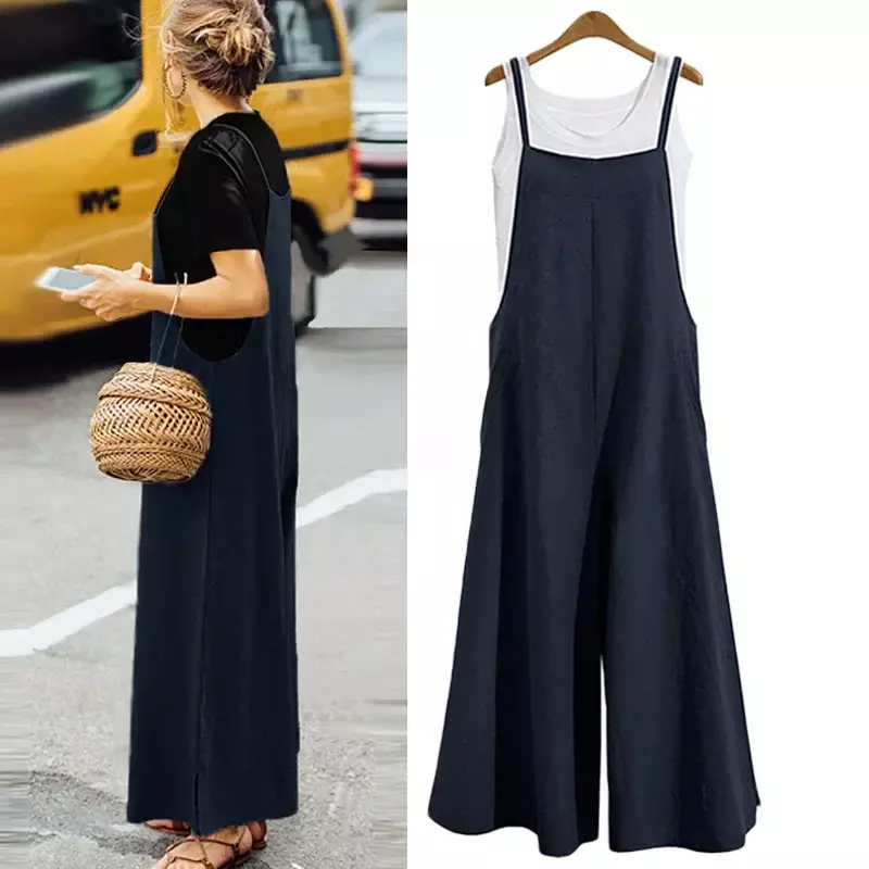 2024 New Women Straps Jumpsuit Summer Solid Color Wide Leg Pants Overalls Casual Loose Sleeveless Cotton Linen Jumpsuits 5Xl