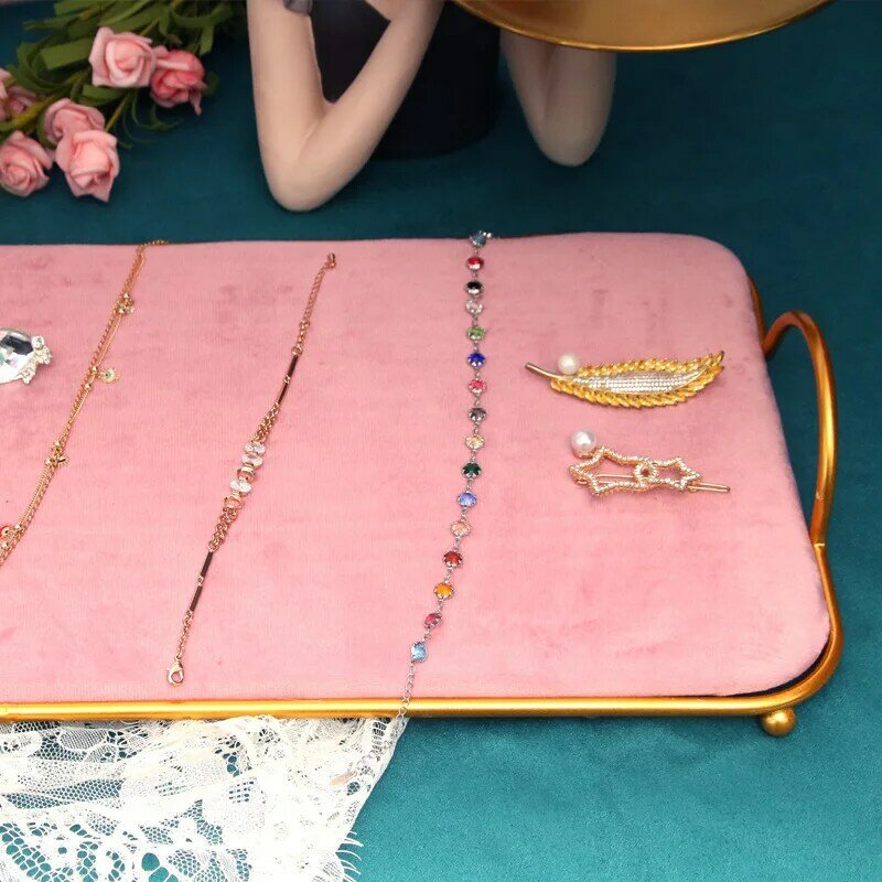 Bandeja de jóias de veludo para mulheres e meninas, expositor, anel, brincos, pulseira, colar, armazenamento de metal, organizador