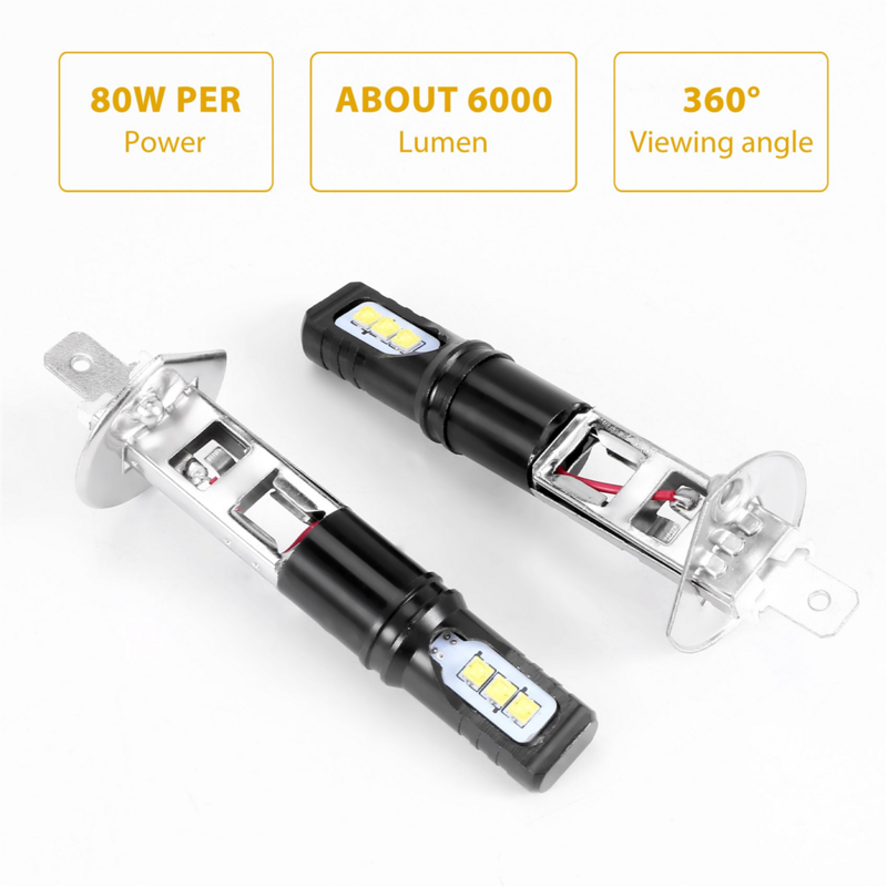 2X H1 6000K Super Bright White 6000LM DRL LED Headlight Bulb Kit High-Beam