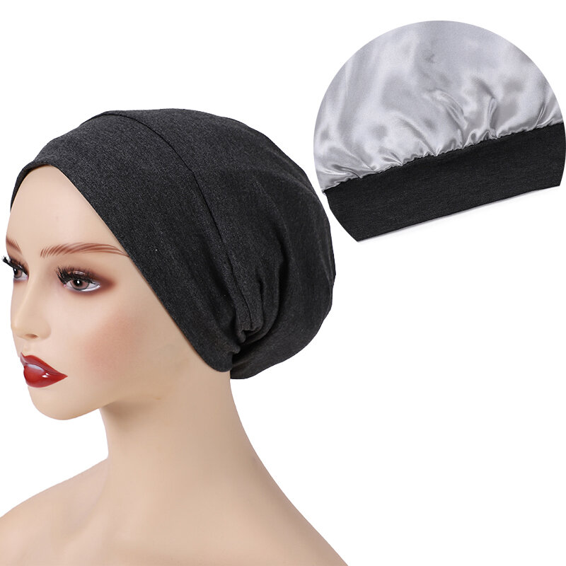 2022 шелковистая Атласная шапочка для волос двухслойная Ночная шапка для сна с невидимой плоской регулируемой головкой на пуговицах