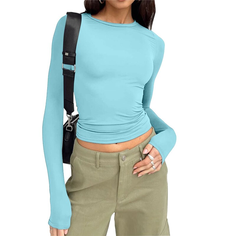 Женская модель, весна-осень, однотонные облегающие повседневные рубашки, женские пуловеры, базовая футболка, одежда Y2k, уличные Короткие топы