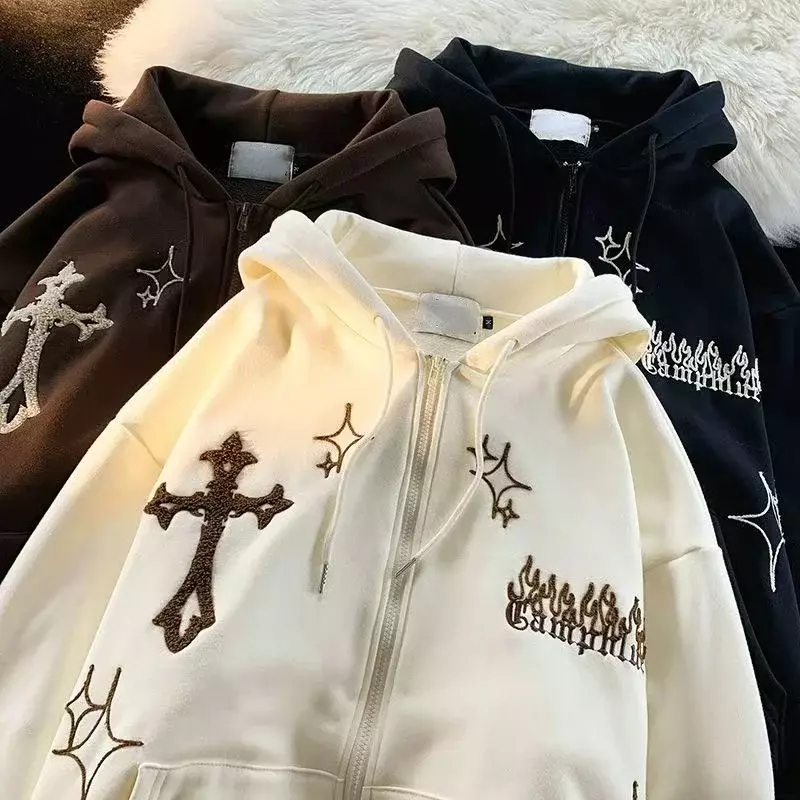 Vintage Embroidery Cross Hoodies Women Harajuku Long Sleeve Zip Up Sweatshirt Hip Hop Gothic Streetwear Hooded Jacket Coat Y2k