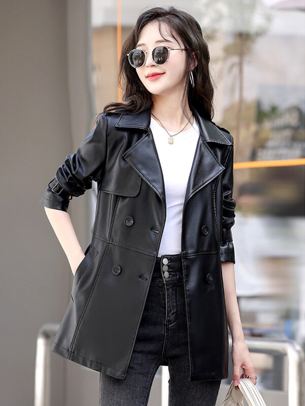 New Women Leather Coat Spring Autumn Fashion Turn-down Collar Double Breasted Lace-up Slim Trench Coat Split Leather Outerwear