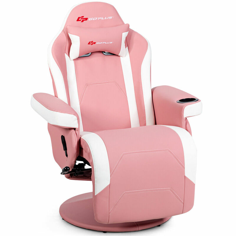 Массажное игровое кресло с откидывающейся спинкой, вращающееся гоночное кресло с держателем для чашки и подушкой