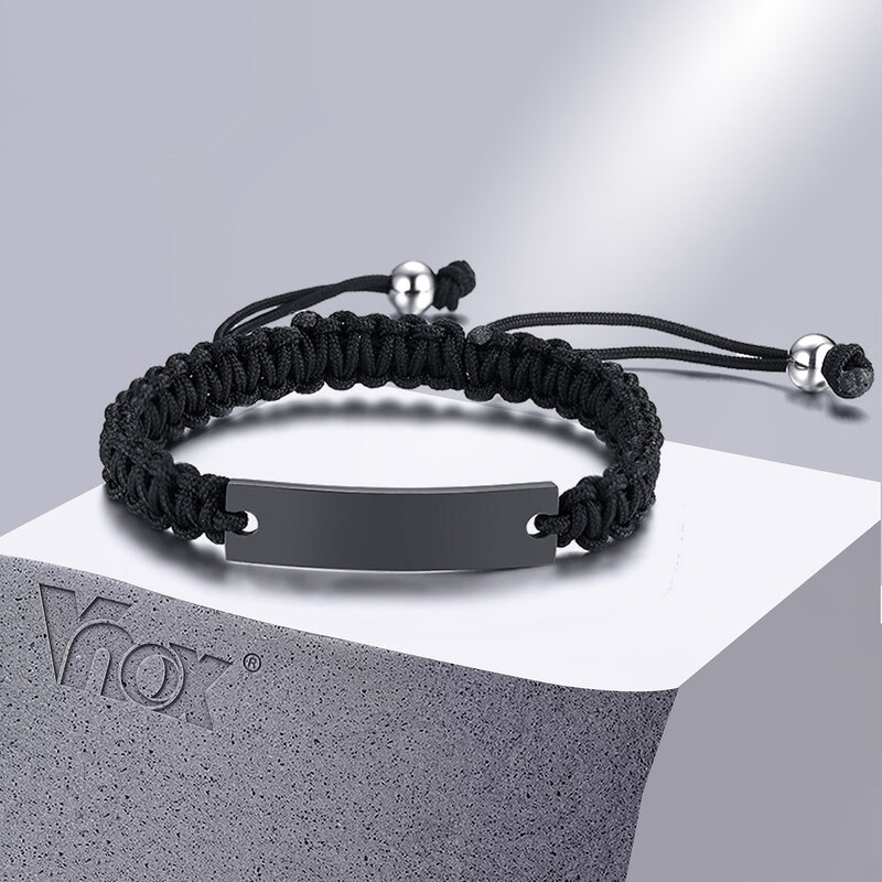 Vnox-Men's trançado corda cadeia pulseiras, nome personalizado, data, inicial, citação, Custom Engrave, comprimento ajustável, Casual
