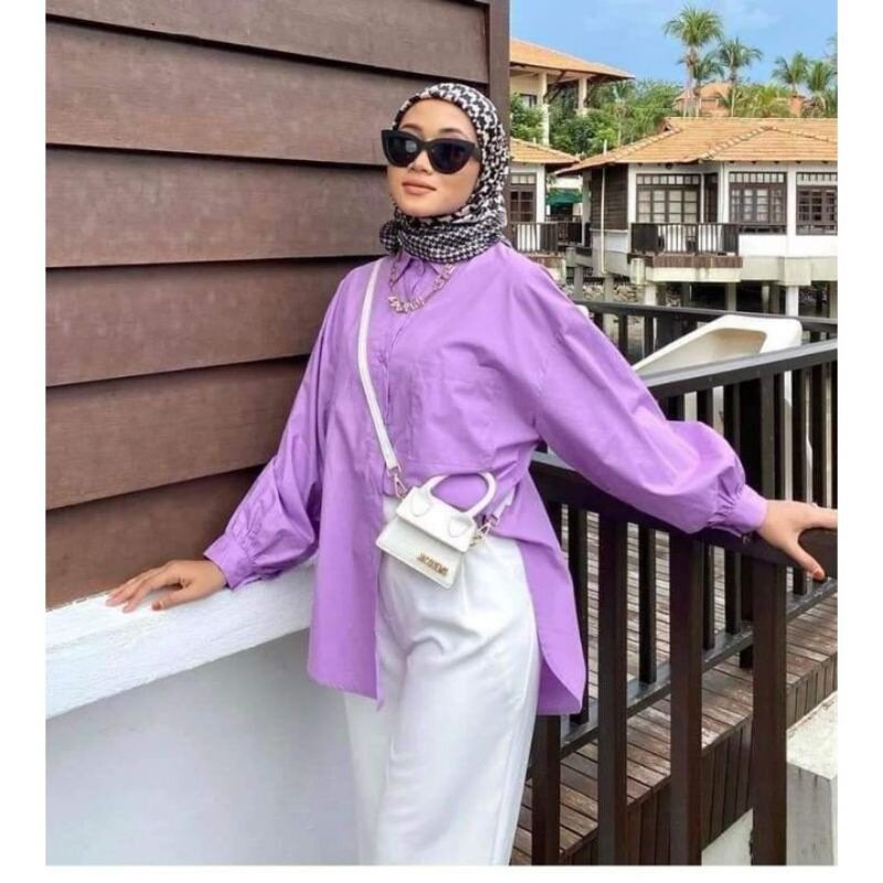 Blus Muslim wanita kemeja longgar kasual kerah Turn Down Abaya pakaian Muslim wanita kemeja longgar Single Breasted lengan panjang Solid