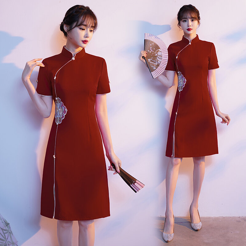 Traditional Chinese Red Black Apricot Embroidery Cheongsam Summer Short Sleeve Young Dress Modern Qipao New Year CNY