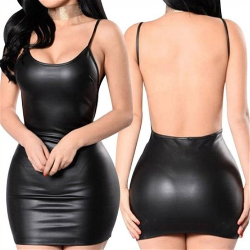 Vestido corto de piel sintética con espalda descubierta para mujer, minivestido Sexy de látex con sujetador de realce, color negro liso, aspecto húmedo