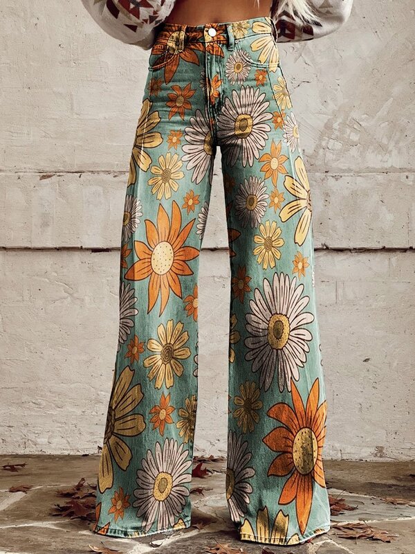 Jeans wanita motif bunga modis, CELANA Jin wanita kaki lebar pinggang tinggi, celana jeans imitasi tipis kaki lebar