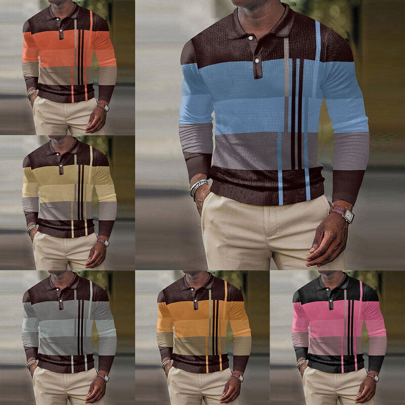 Koszulka męska z klapami nowy Color Block z długim rękawem poliester regularne lekkie rozciąganie codziennie wygodne modne gorące