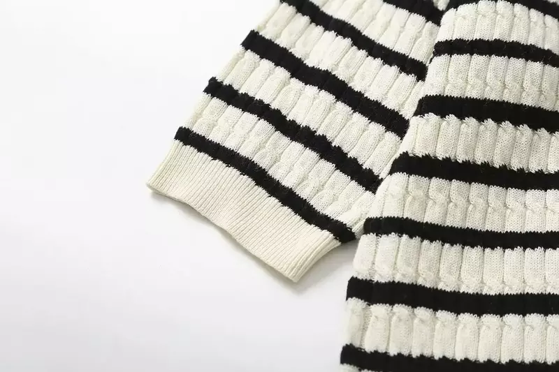 Damska jesień 2023 nowa modna w stylu Casual, w paski z dzianiny krótki sweter z rękawami Retro wykwintny koszulka Polo sweter