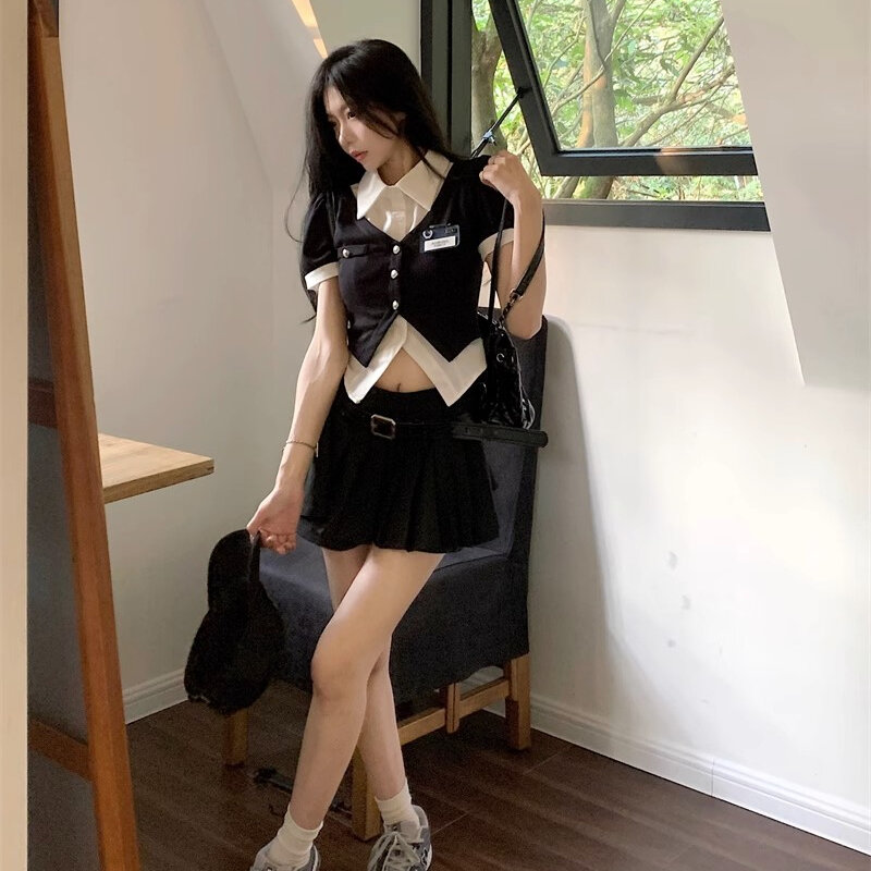 Patchwork kemeja wanita lengan pendek ramping Preppy kerah lipat atasan Crop musim panas trendi berpanel pakaian gaya Korea muda