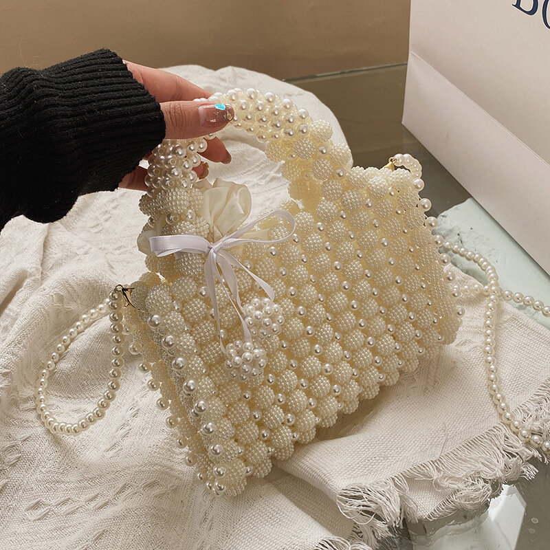 New Crystal Beaded Evening Bag Beautifully Noble Wedding Clutch With Pearl Chain Handmade Pearl Shoulder Bag Handbag Dinner Bag