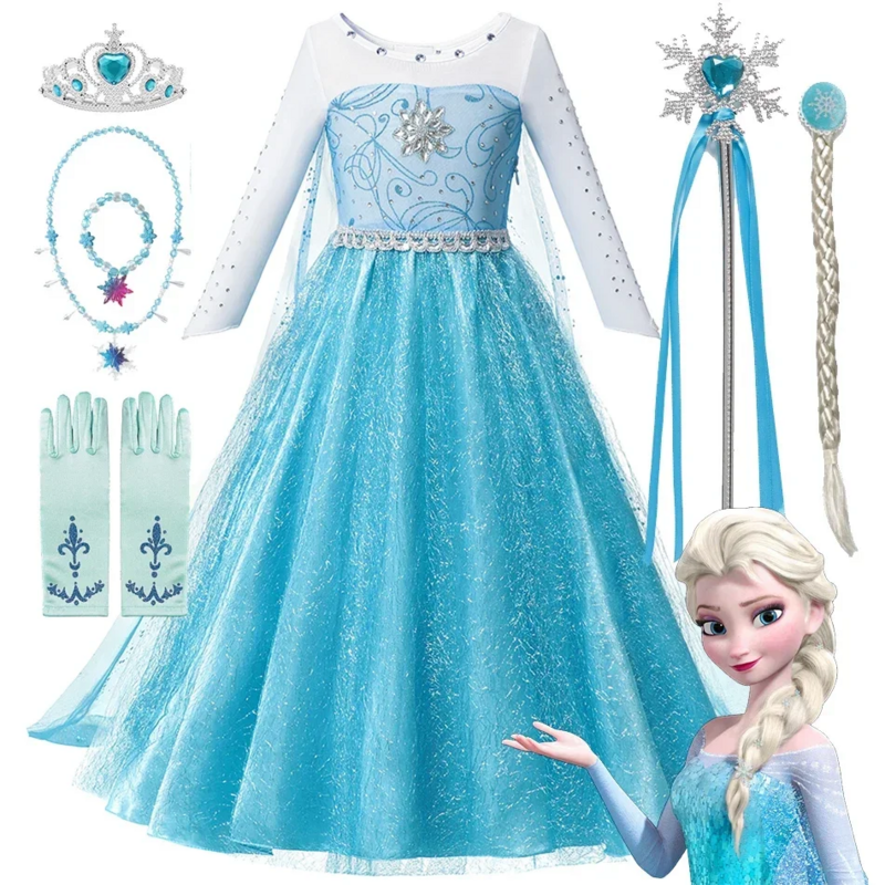 Gaun putri anak perempuan, gaun pesta ulang tahun anak-anak, kostum Halloween putri duyung, Aurora Elsa Rapunzel, Kecantikan tidur, anak perempuan