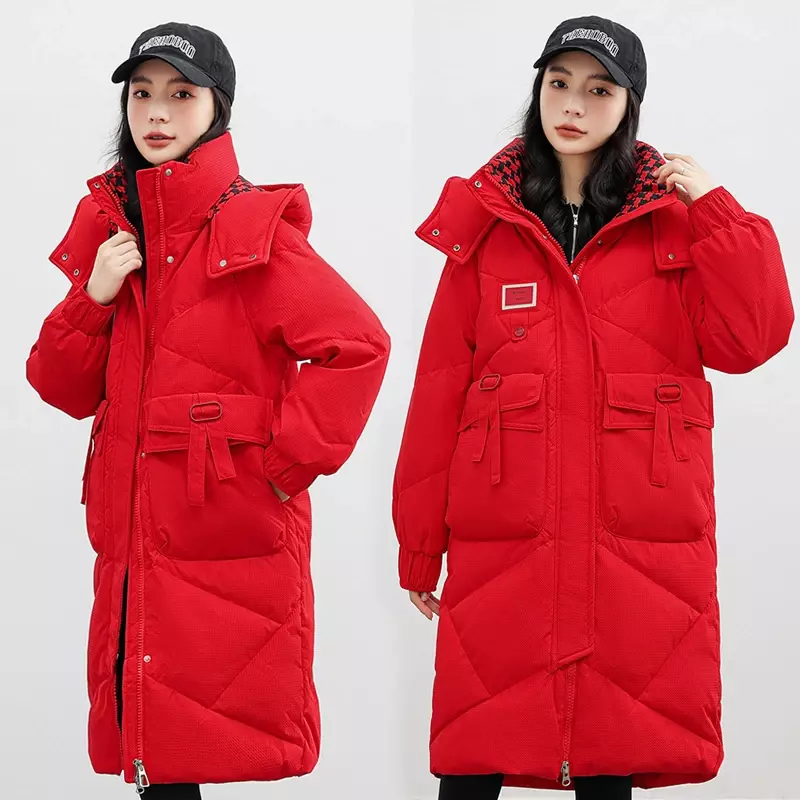 Women's Solid Color Big Pocket Hooded Jackets Casual Medium Long Parka Plus Size Winter Rhombic Lattice Loose Coat