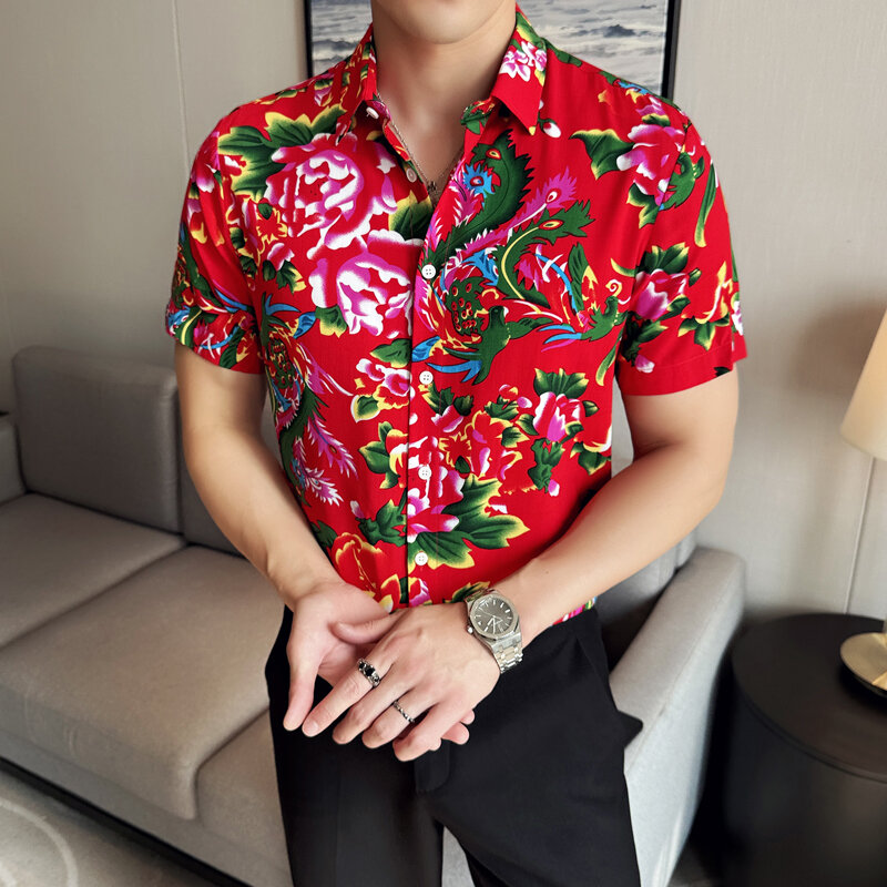 Camisa masculina de manga curta estilo chinês, grande flor, tops da moda, streetwear, roupa masculina casual, nova, verão