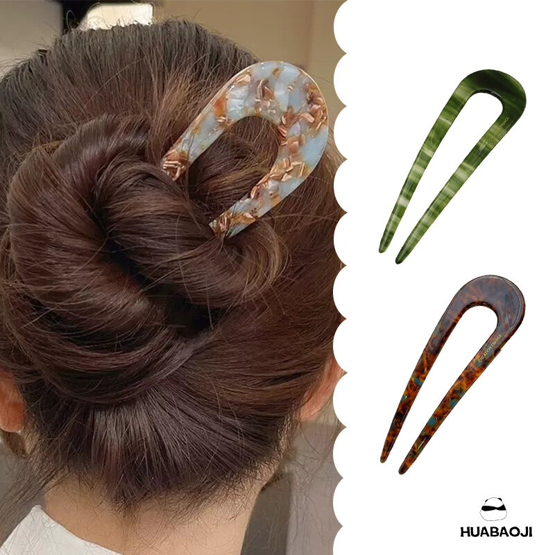Palitos de pelo en forma de U de acetato de estilo chino para mujer, Clip de pelo Simple en espiral
