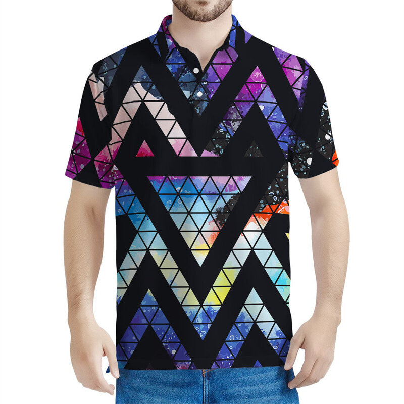 Kleurrijke Driehoek 3d Geometrische Poloshirt Voor Mannen Oversized Korte Mouwen Casual Tops Vrouwen Street Revers T-Shirts