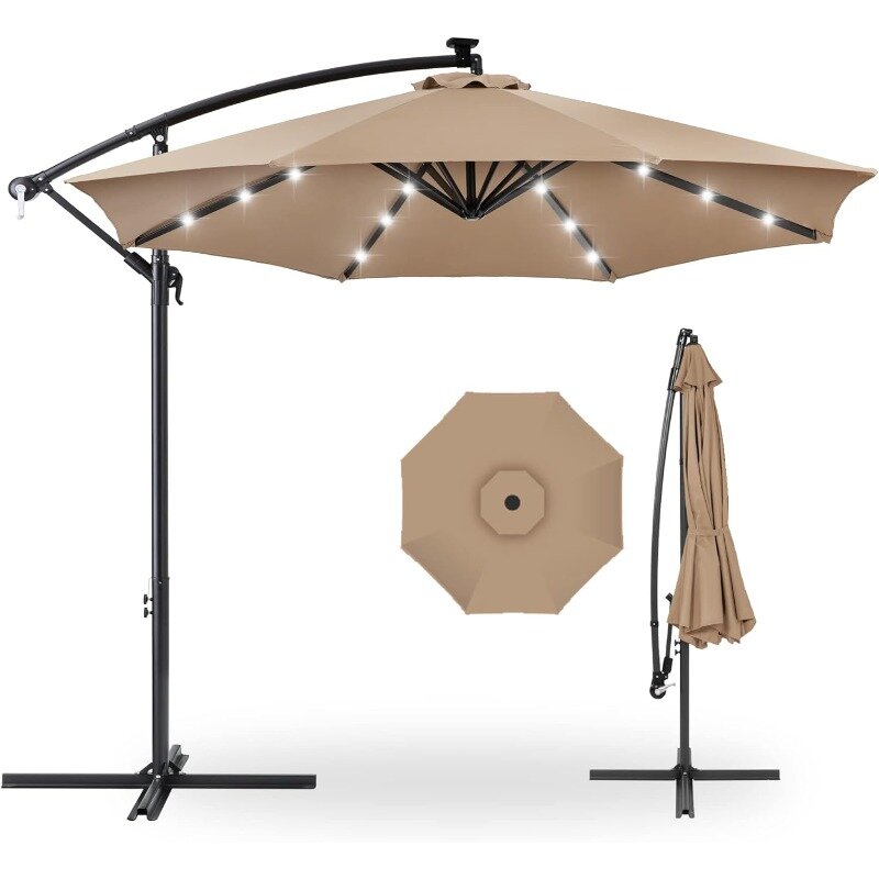 10ft Solar LED Offset Hanging Market Patio Umbrella for Backyard, Poolside, Lawn and Garden w/Easy Tilt Adjustment