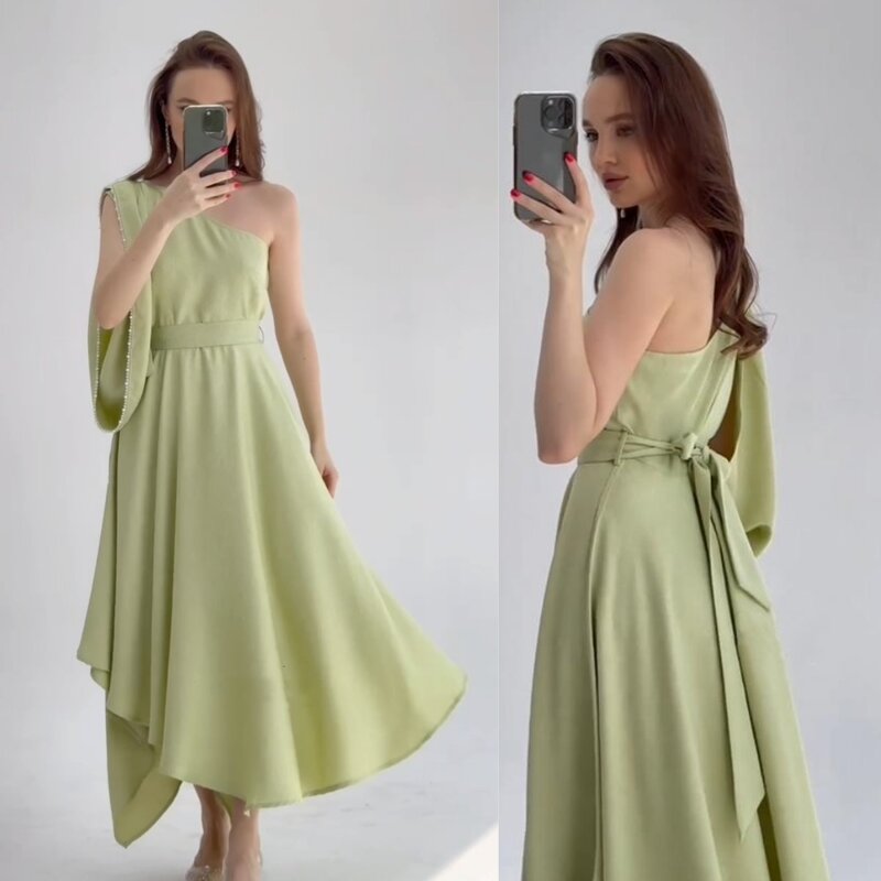 Prom Dress Saudi Arabia Satin Beading Draped Cocktail Party A-line One-shoulder Bespoke Occasion Dresses Ankle-Length